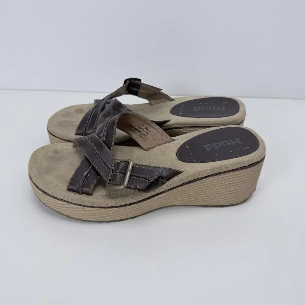 Vintage 00s Y2K Mudd Brown Faux Leather Wedge Strappy Sandals 10M